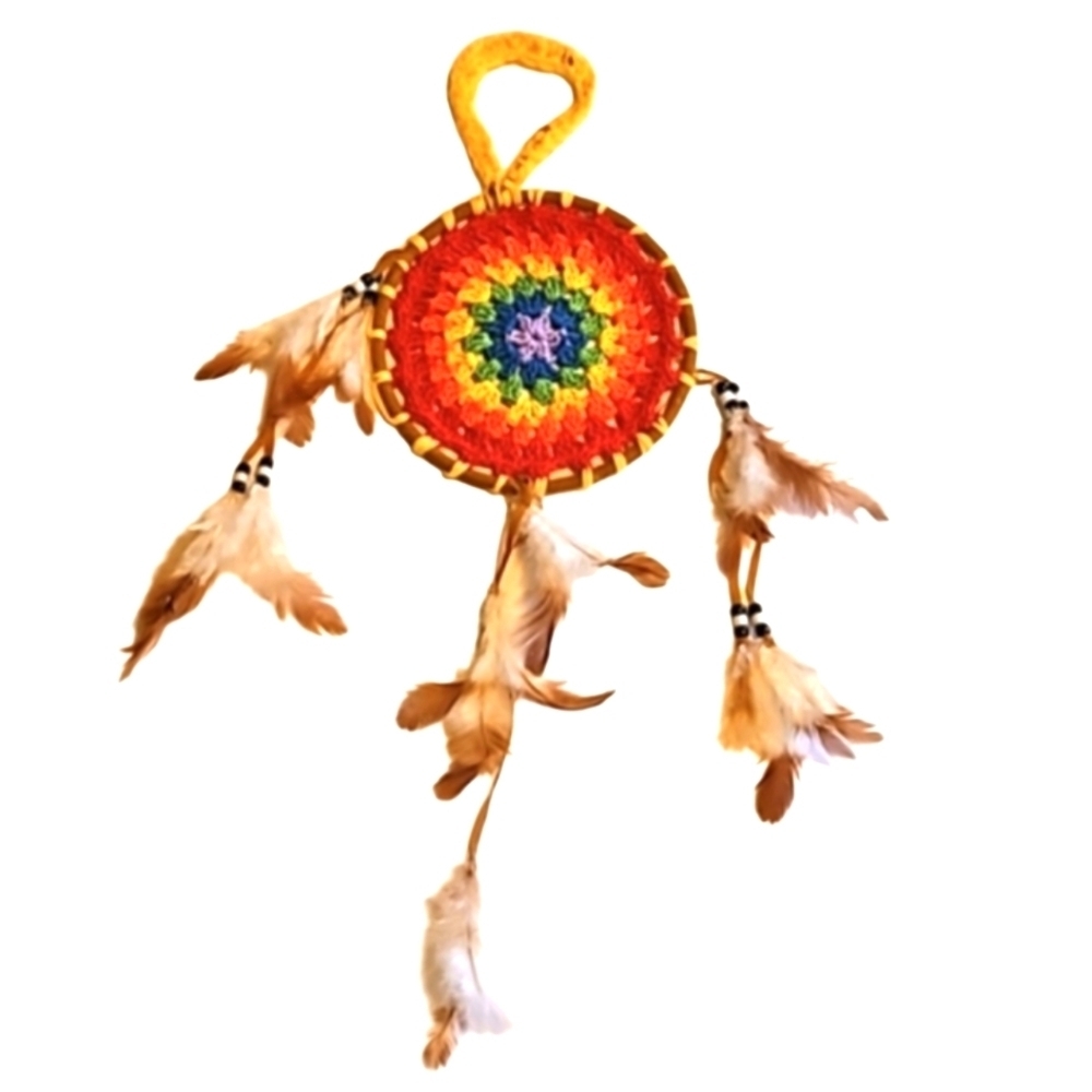 Hand Crafted crochet dream catcher rainbow colors textile art handmade holiday